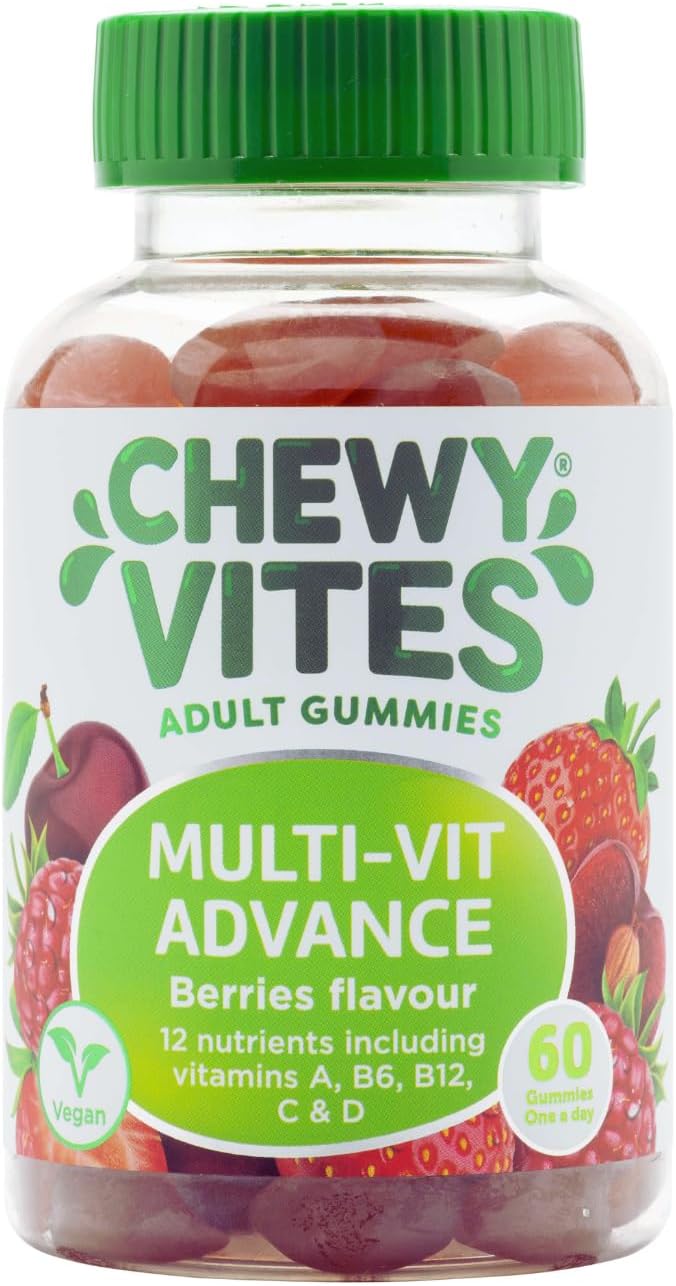 Chewy Vites Adult Multivitamin Advance, 60 Multivitamin Gummies, 12 Essential Nutrients, 2 Months Supply, Real Fruit Juice, Vegan, Berries Flavour