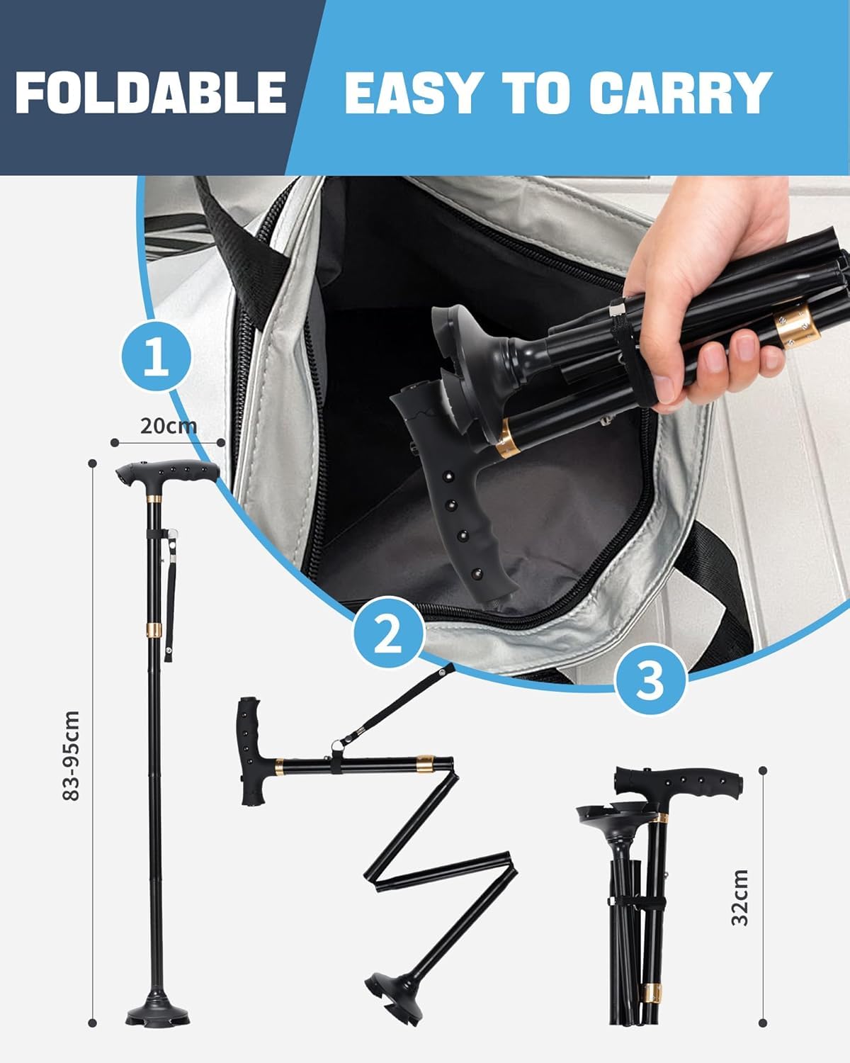 Sinocare Bastones Caminar Extensibles Hombres Mujeres Mayores | Bastón Aluminio Ligero Extensible (83-95cm) Base Giratoria 360° Antideslizante Capacidad 113kg Trekking Negro