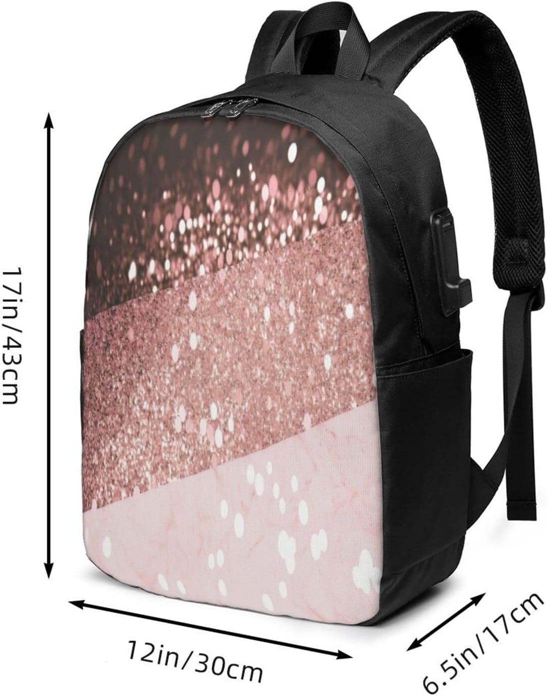 Rose Gold Glitter Laptop Backpack, Travel Backpack with USB Charging Port, Computer Bag for Men Women