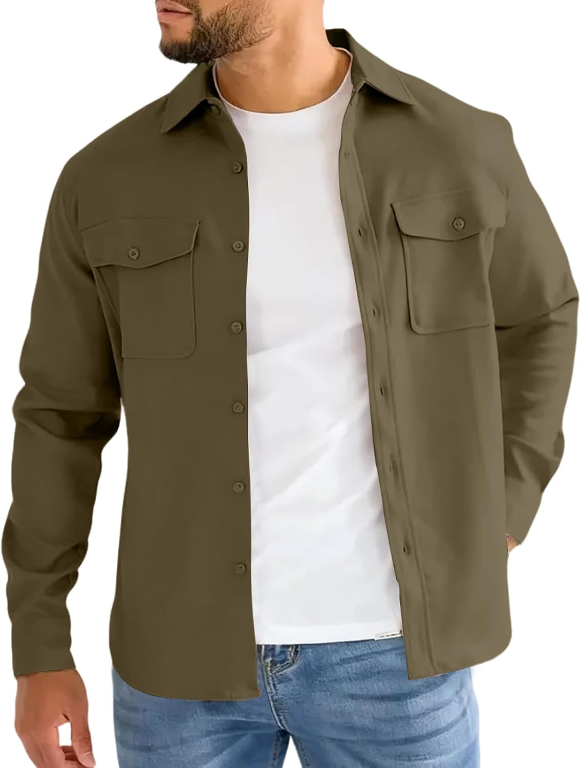 Men's Button Down Shirt Jacket Western Long Sleeve Shacket Lightweight Overshirt with Flap Pockets, S-2XL