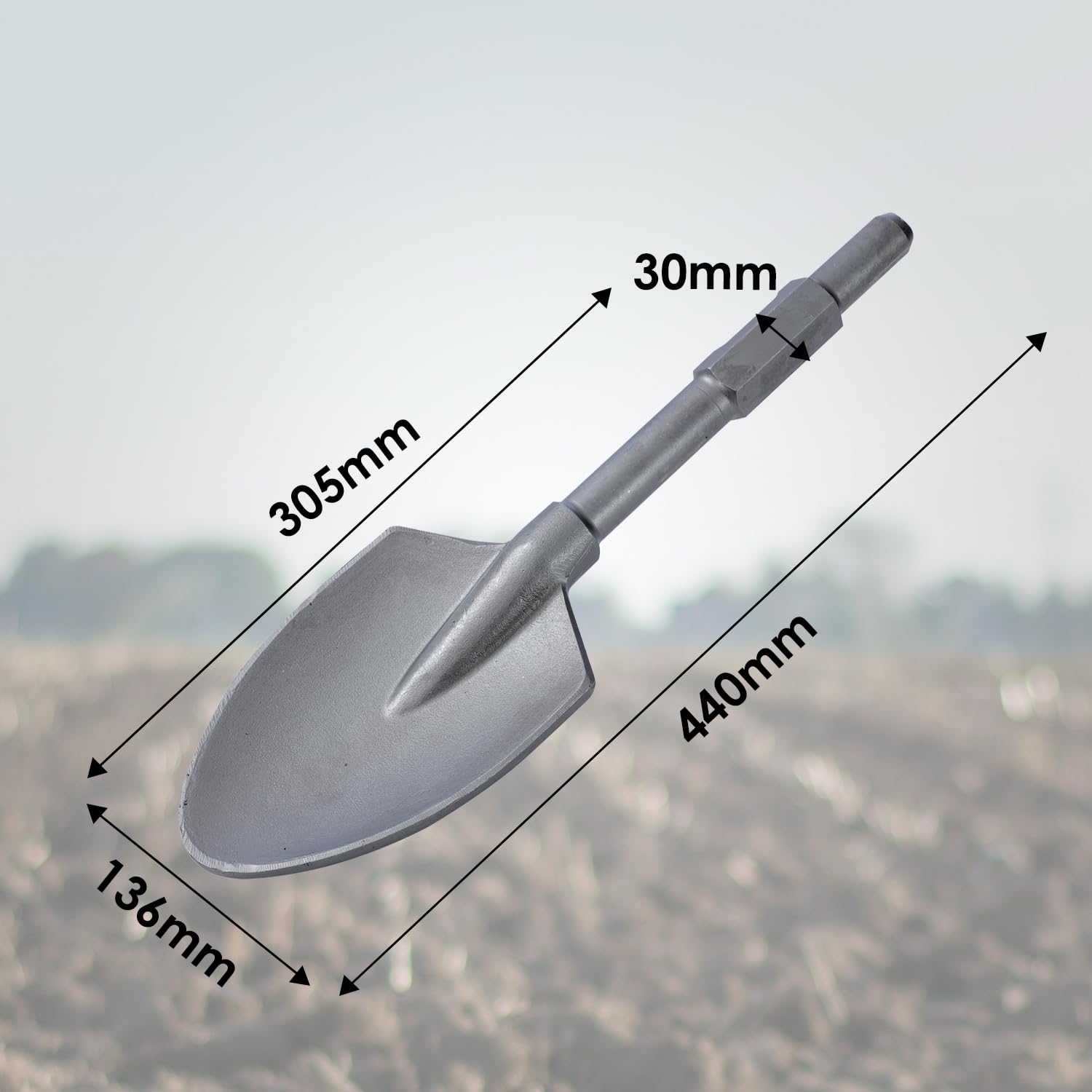 TOPWAY Pala de arcilla para disyuntor PH65 95A Martillo de demolición Martillo hidráulico Vástago hexagonal de 1-1/8 "Pala de arcilla Pala Cincel 440 x 136 mm con estuche de plástico 121151