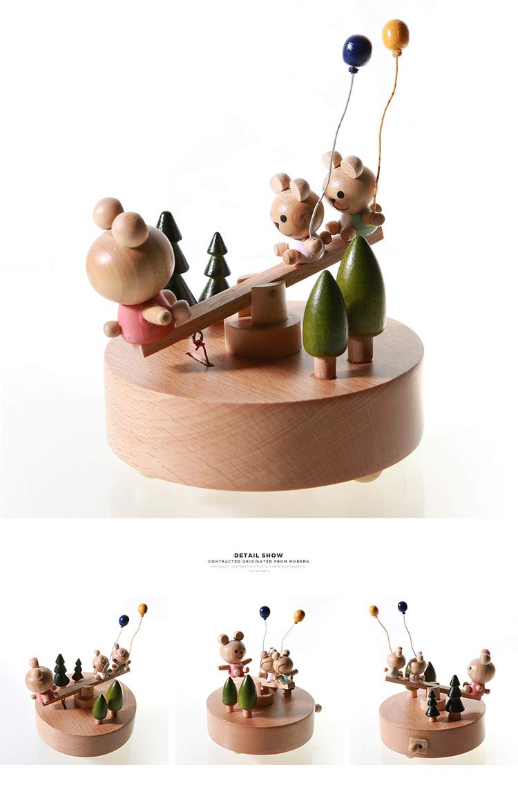 Scénarios Innovants Boîte à Musique en Bois, Premier Boîte à Musique Créatif Main Manivelle Boîte Décorative en Bois Cadeau et Décorations Idée pour Anniversaire, Noël - Ours Lapin Bascule