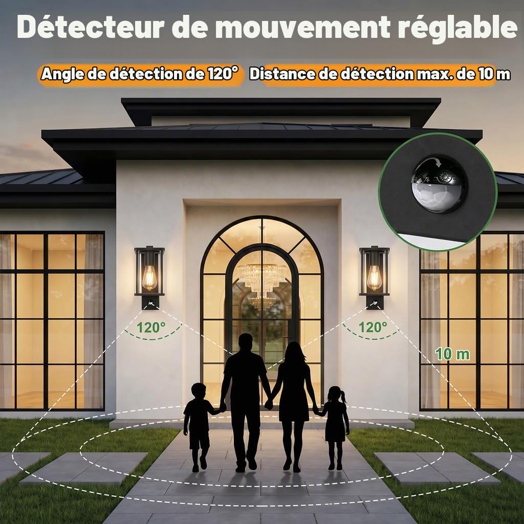 Applique murale extérieure avec détecteur de mouvement, E27, noir