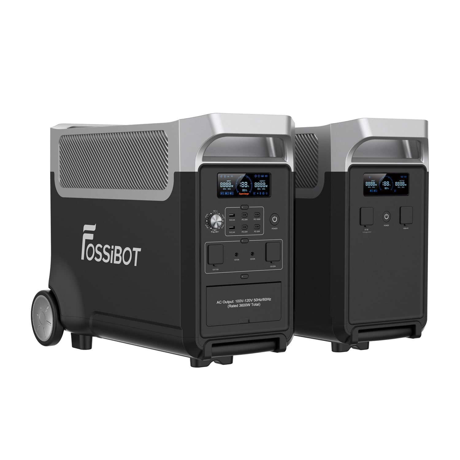 FOSSIBOT F3600 Pro - Central eléctrica doméstica de 7,68 kWh/3600 W con1 batería de respaldo FB3840, generador solar portátil con asa y ruedas para el hogar, la autocaravana y emergencias.