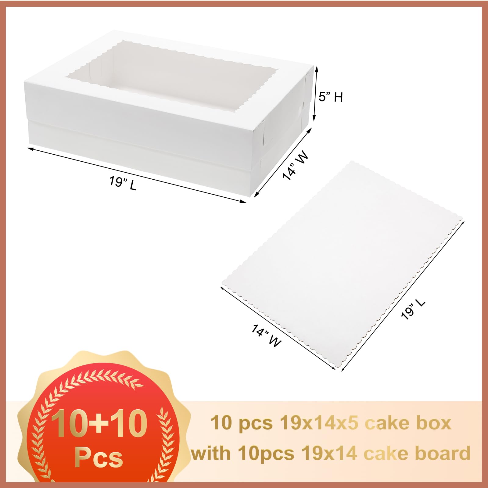 Mefleet Lot de 10 boîtes à gâteau rectangulaires de 48,3 x 35,6 x 12,7 cm avec 10 planches à gâteau rectangulaires avec fenêtre pour pâtisserie, cupcakes, beignets, biscuits, tarte - Blanc - Taille L
