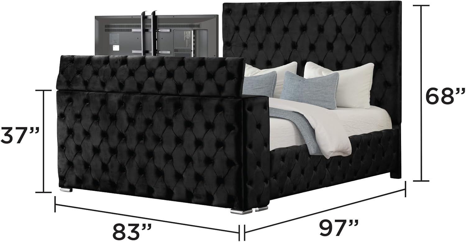 Bedframe with TV Lift in Footboard and Fireplace - Velvet Upholstered Sleigh Bed with Button Tufted and Silver Block Legs, Luxury Bed Frame for Bedroom, Box Spring Not Required (Black, King)