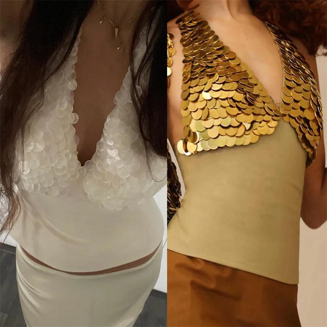 Women Rave Party Outfits Sexy Glitter Sequins Crop S Tanks Sleeveless Backless Bandage Vest Cropped