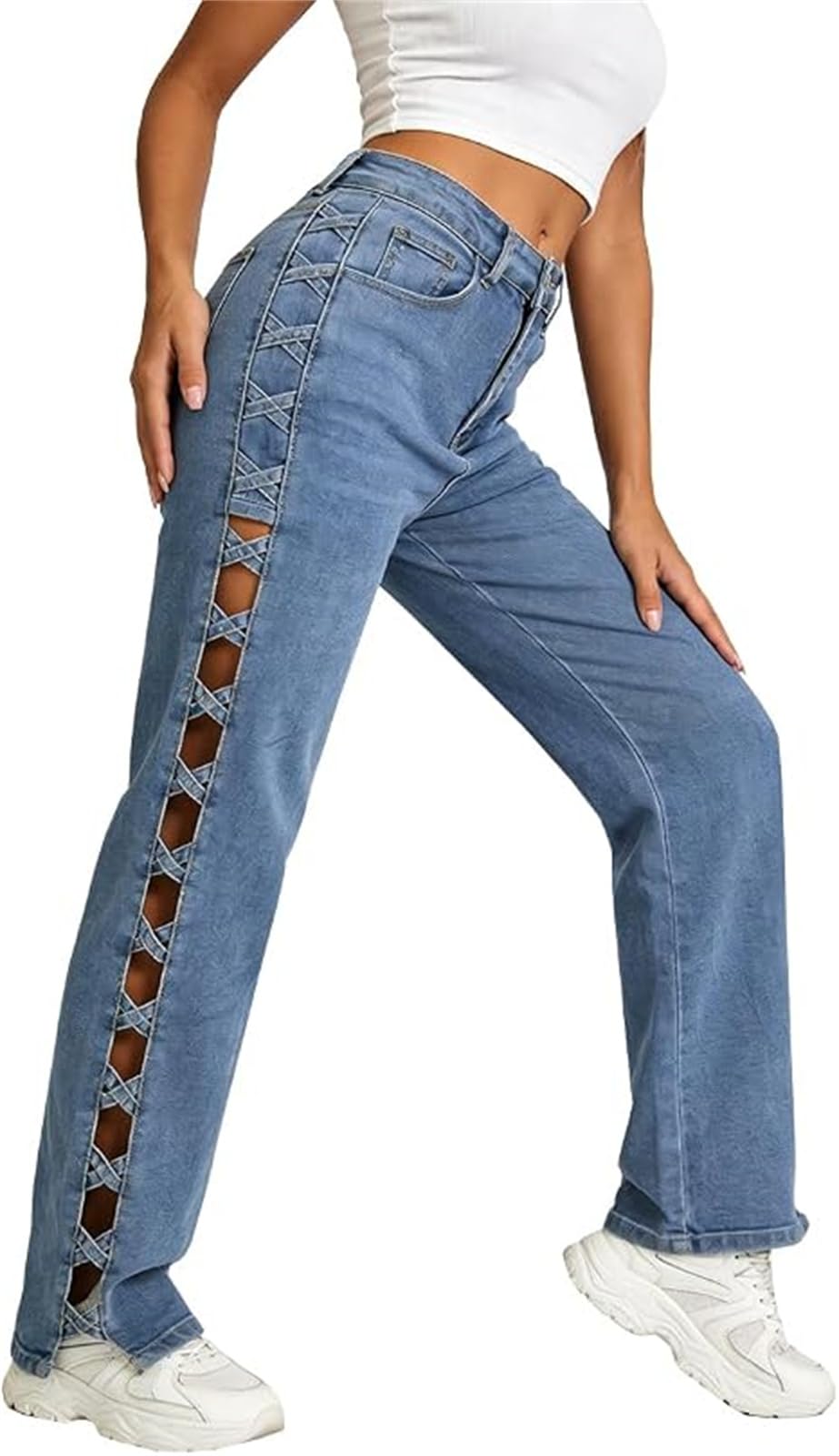 Jeans pour Femmes à Taille Haute et Jambes Droites - Pantalon en Denim Tendance avec découpe latérale à Lacets
