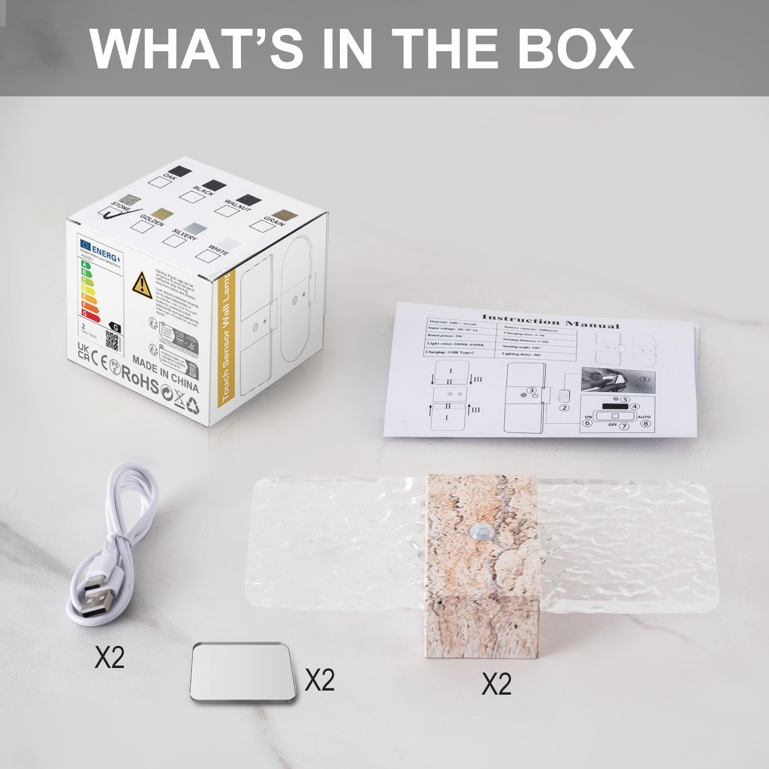 Motion Sensor Light Indoor, 2600 mAh Rechargeable Battery Operated Wall Sconce Set of 2, 0-80LM Dimmable, 3 Colors, Always-On and Dusk to Dawn Motion Mode, Wireless Night Light, Marble Color