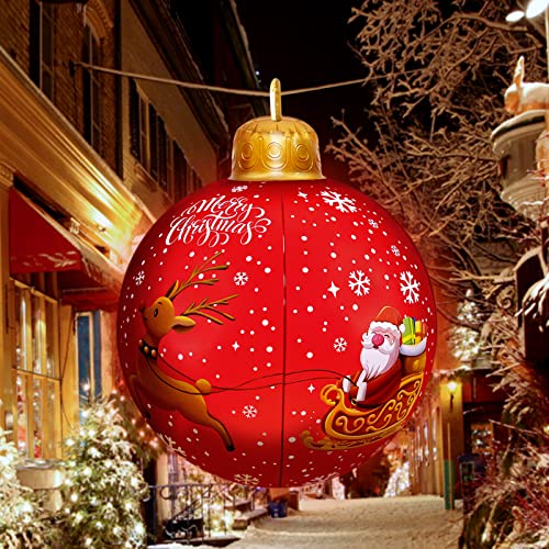 Inflatable Christmas Ball For Christmas Decorations - 24”Pvc Santa With Reindeer Christmas Inflatables,Led Lights Red Christmas Ornament With Handle And Stakes For Yard Porch Lawn Patio Decorations #TOP4