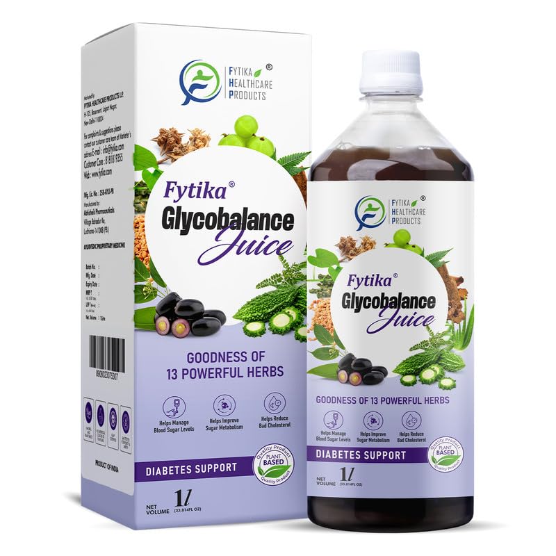 Fytika Glycobalance Diabetic Juice – 1L | Blend of 13 Ayurvedic Herbs | Amla, Guduchi, Methi, Neem, Karela, Jamun | 100% Ayurvedic Herbal Juice for Men & Women (Pack of 1)