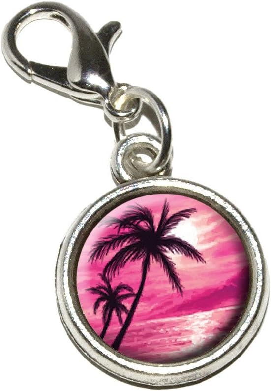 Pink Beach Sunset - Ocean Palm Tree Vacation Paradise Antiqued Bracelet Pendant Zipper Pull Charm with Lobster Clasp
