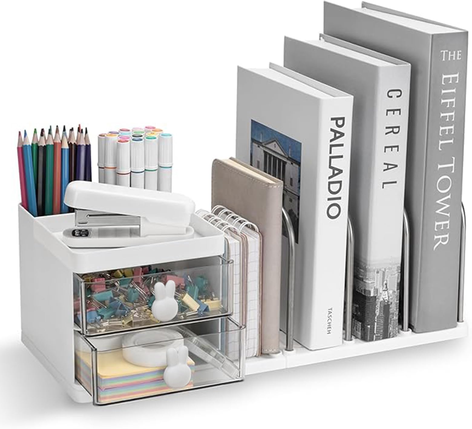 Desktop Organiser with 2 Drawers, 9 Compartments, File Holder and Pen Storage (White)