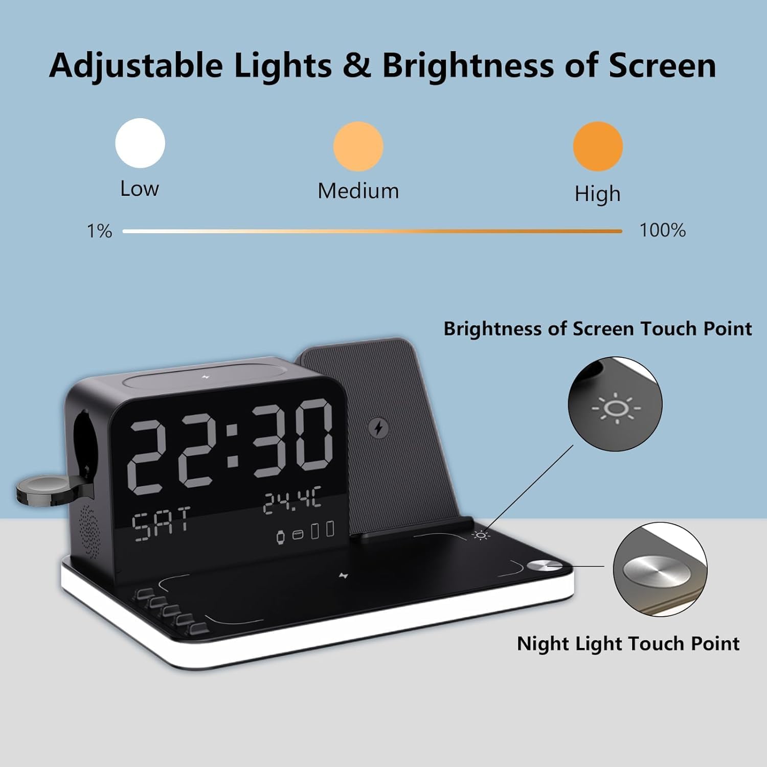 Diagram showing touch points for adjusting night light and screen brightness on the charging station