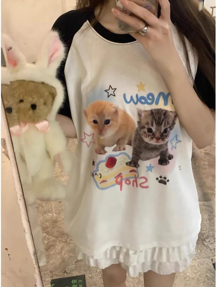 Women's Kawaii Cat Print T-Shirts Cartoon Letter Japan Style Kitten Short Sleeve Cute Print Tops Sweet Girl Y2k Tee Tops - Image 2