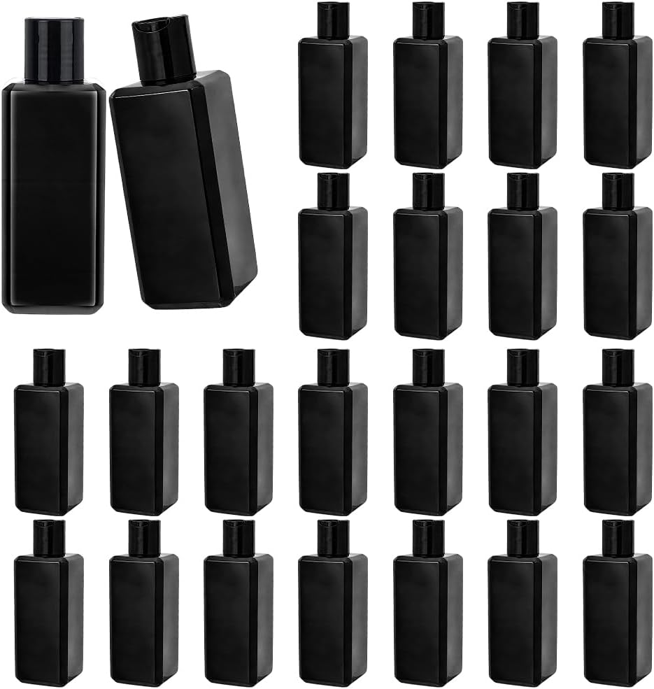 AHANDMAKER 25Pcs 200ml Plastic Squeeze Bottles Shampoo Lotion Containers Black Rectangular Disc Cap for Home Travel Shampoo Conditioner Lotion Storage Bathroom Decoration 1.8x1.8x5.3in