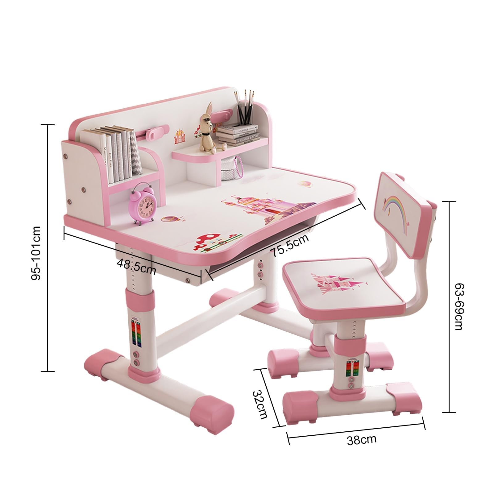 ohfruit Kindertisch und Stühle, einfache Montage, höhenverstellbar (65 bis 71 cm), Kinderschreibtisch mit großer Schreibtafel, ergonomischer Lerntisch und Stuhl-Set für Mädchen, ideal für Hausaufgaben