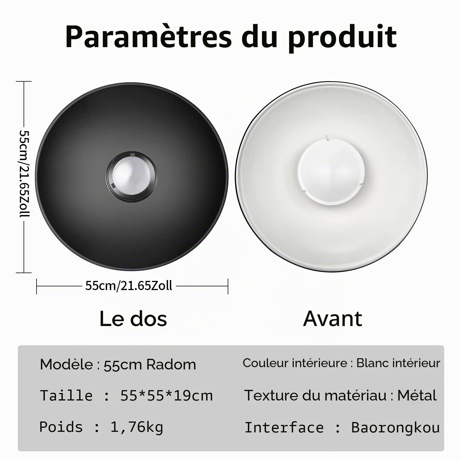 Soonpho Beauty Dish avec réflecteur Standard de 22 Pouces / 55 cm avec Grille à nid-d'abeille, chaudière diffuseur Blanc et Sac, pour lumière Flash Stroboscopique par Studio avec Montage Bowens