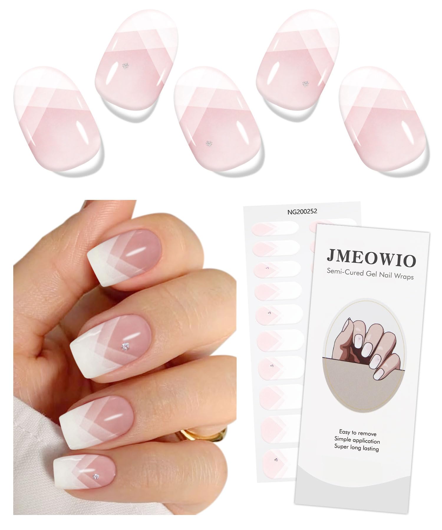JMEOWIO Gel Nail Stickers Cream Pink French Tip Semi Cured Gel Nail Strips Wraps UV/LED Nails Art Design Decoration Accessories