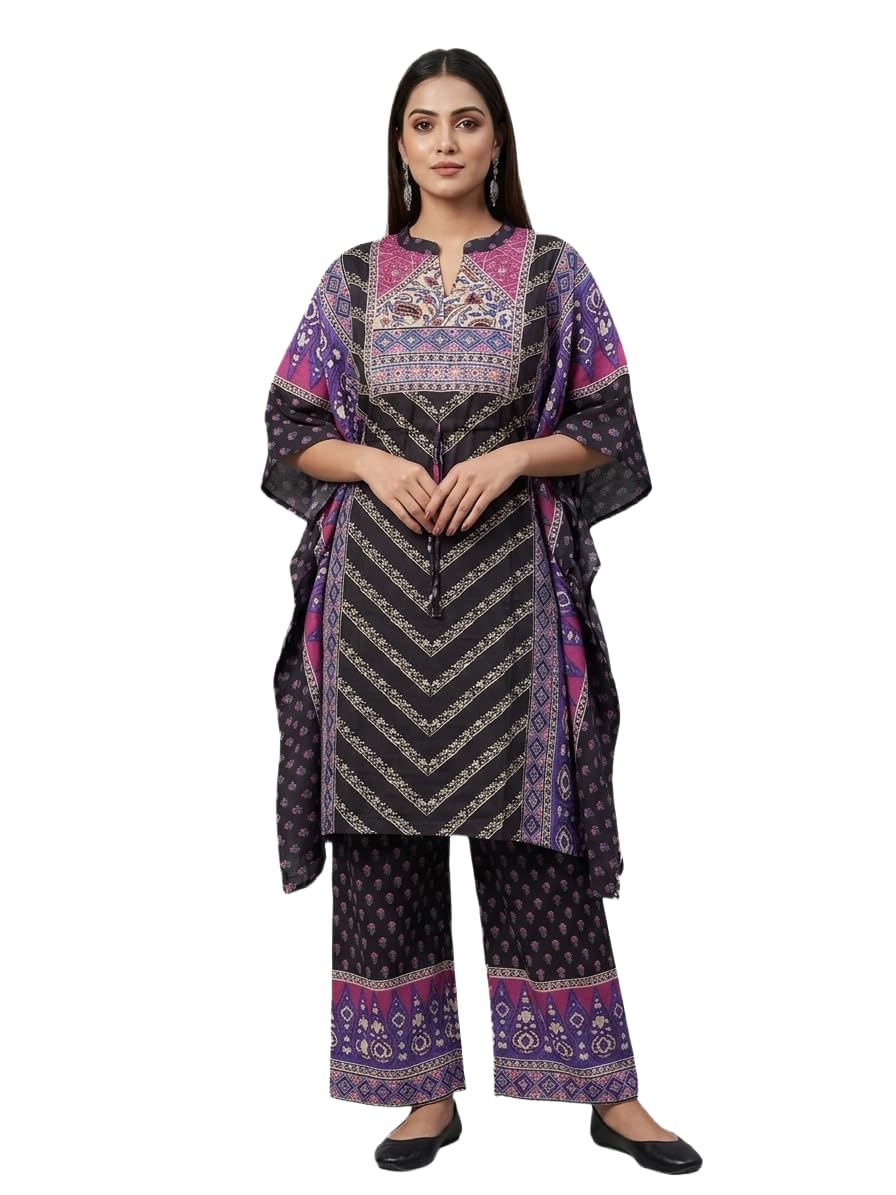 Printed Kaftan Top and Palazzo Pants Set, Black and Purple, Ethnic Floral Print, Women's Salwar Suit-image-0