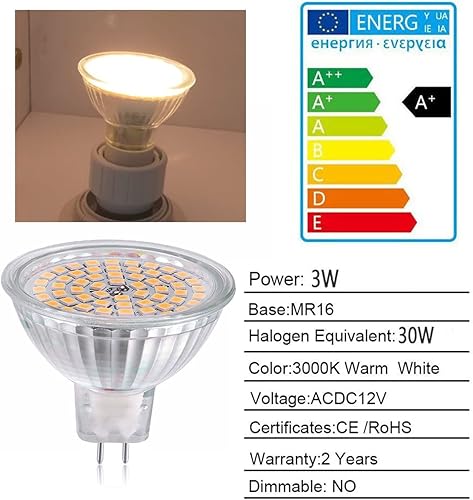 Miniatura 2 de Bombillas LED MR16 (paquete de 4) - 380lm 60LEDs 2835 SMD 3W AC/DC 12V 3000K blanco cálido, equivalente a bombilla halógena de 30 W, base bi-pin