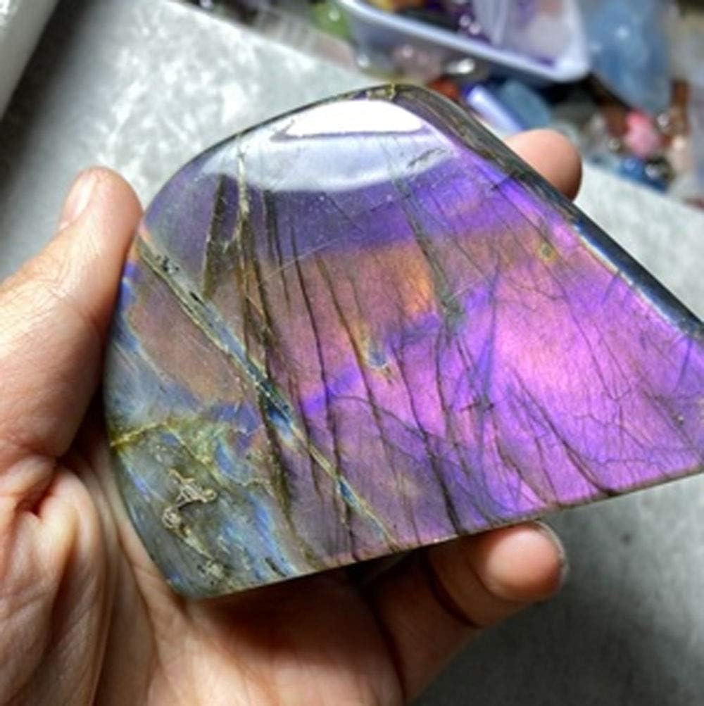 Natural Labradorite Moonstone Purple Flash Healing Crystal Quartz Gemstone Specimen Specimen Polished Irregular Shape for Healing Reiki Decoration (Purple Flash Labradorite 500-600Grams)