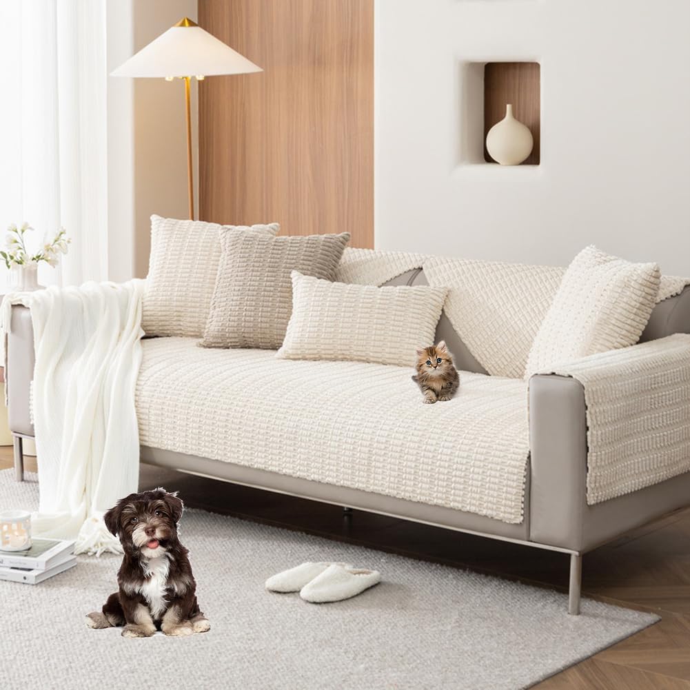 Corduroy Couch Cover Plush Sectional Sofa Covers Soft Warm Couch Cover for 3 Cushion Couch Thickened Dog Bed Cover 1-3 Seats Sofa Seat Cover Non-Slip and Washable,Beige,70 * 120cm/27.6 * 47in