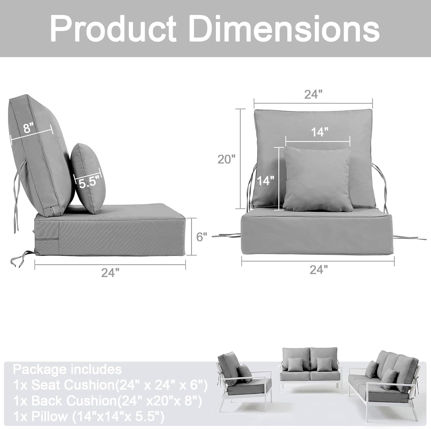 24 x 24 x 6 inch Outdoor Chair Cushions Set, Patio Chair Cushions with Removable Cover and Straps, Fade & Water Resistant Outdoor Cushions for Patio Furniture, Fit Couch, Sofa, Wicker Chair, Gray