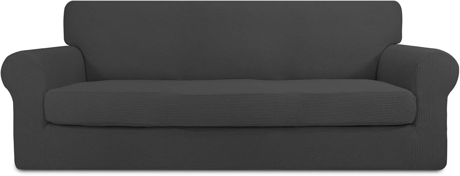 PureFit 2 Pieces Stretch Slipcover for 3 Cushion Couch – Spandex Jacquard Non-Slip Soft Fitted Sofa Couch Cover, Washable Furniture Protector with Non Skid Elastic Bottom for Kids (Sofa, Dark Gray)