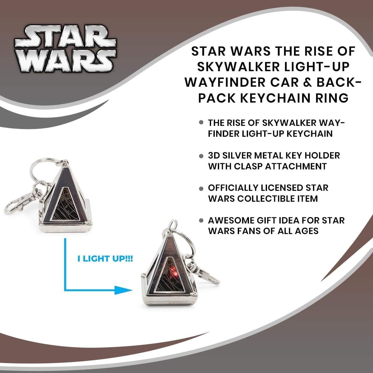 Star Wars The Rise of Skywalker Light-Up Wayfinder Car & Backpack Keychain Ring - Awesome & Heavy Duty 3D Metal Key Holder Organizer - Cool Collectible Novelty Accessories for Men, Women & Millennials
