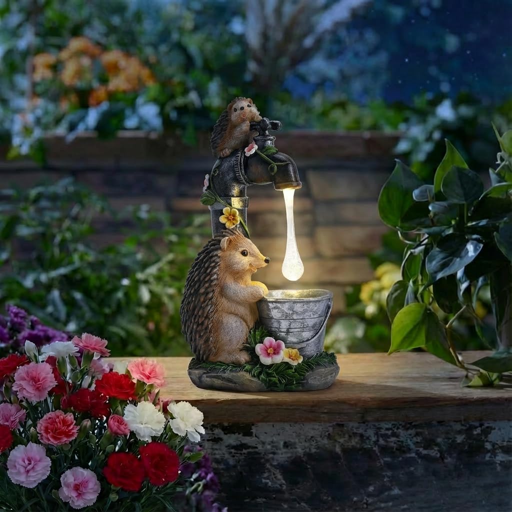 TERESA'S COLLECTIONS Garden Decor, Set of 2 Cute Hedgehogs and Faucet Garden Decor, Waterproof Resin Garden Statue, Hedgehogs Gift, Garden Gift for Women Mom, Indoor/Outdoor