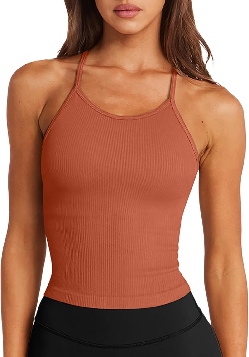 LASLULU Womens Sports Bra Seamless Long Crop Tank Racer Back Spaghetti Strap Workout Yoga Bra Padded Halter Neck Casual Tops