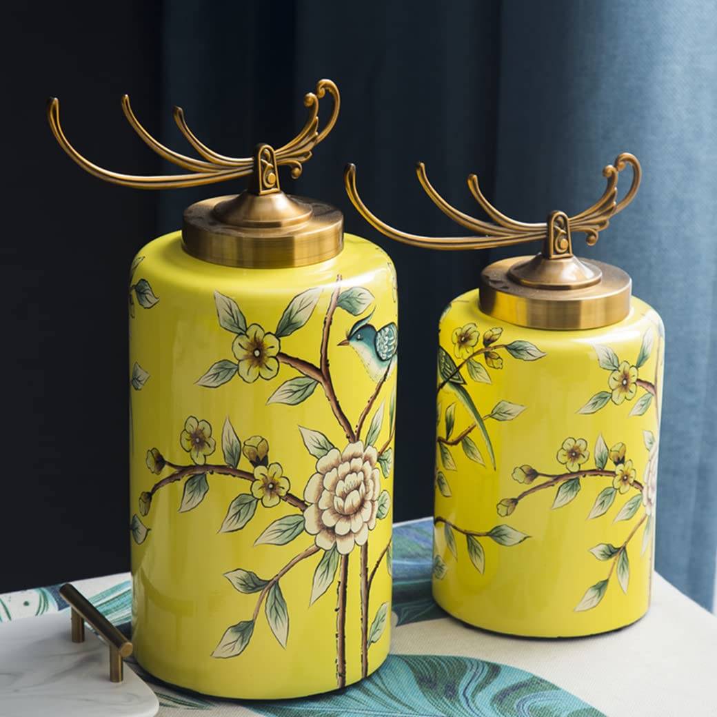 Vaso per fiori in ceramica gialla Chinoiserie per la decorazione della casa, motivi floreali e di uccelli Vaso per fiori Vaso cilindrico Decorazione per casa, ufficio, tavolo, soggiorno, libreria S