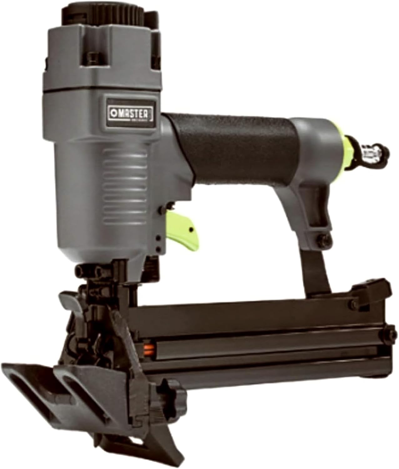 Master Mechanic 4-in-1 Mini Pneumatic Flooring Nailer/Stapler with 360 Degree Adjustable Exhaust for Trim, Crown Molding, and Cabinet Backing, Gray