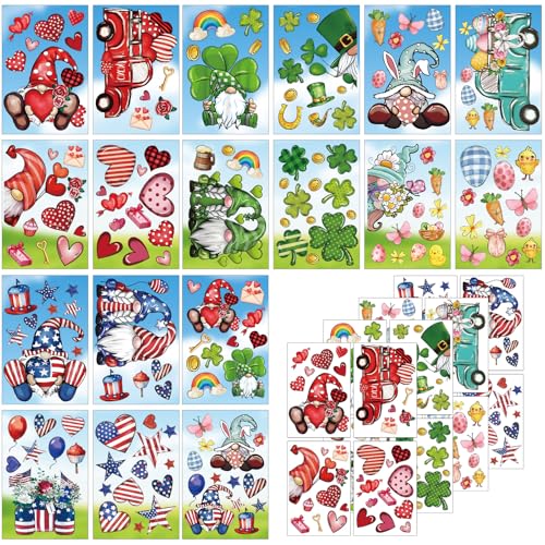 JarThenaAMCS 18 Sheets 4th of July Gnome Window Clings Set Valentine St. Patricks Day Easter 176 Pcs Double-Side Heart Shamrock Egg Star Glass Stickers Decals for Home Party 7.8 x 11.8 Inch