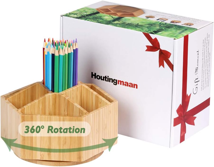 Bamboo Rotating Art Supply Organizer, 7 Sections, Hold 350+ Pencils, School Supplies Organizer for Pen, Colored Pencil, Art Brushes, Desktop Storage Box in Classroom & Art Studio : Office Products