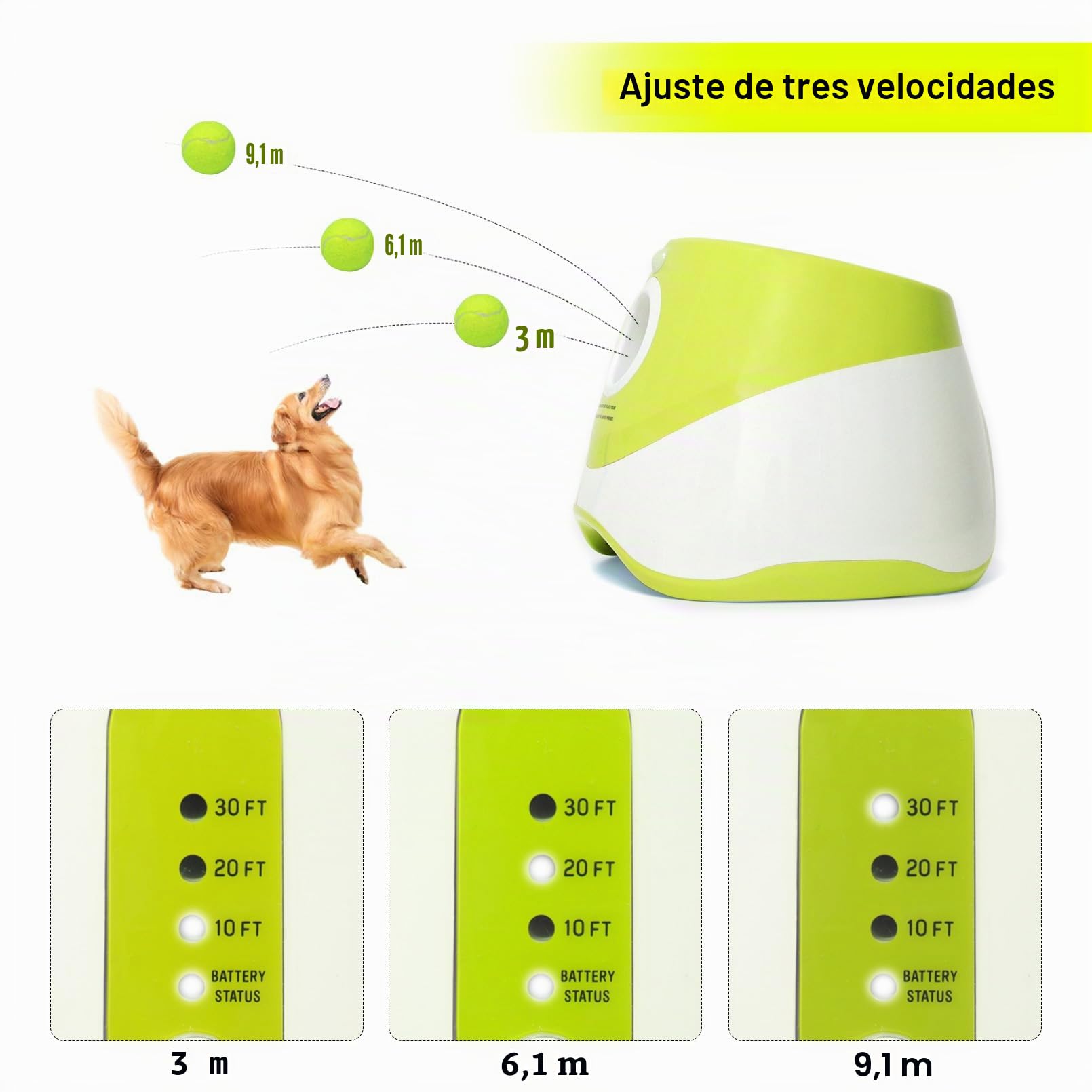 Jovani - Lanzador automático de Pelotas para Perros, Distancia de 10 a 30 pies, Juguete Interactivo para Perros pequeños para Interiores y Exteriores, Incluye 9 Pelotas de Tenis (2 Pulgadas), mantén