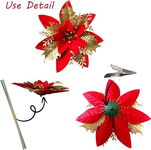 Miniatura 6 de Flores de Pascua con purpurina para árbol de Navidad, adornos artificiales para decoración del árbol de Navidad, guirnalda de corona, 12 unidades