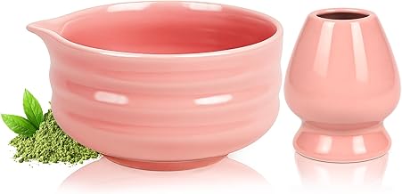 Arrozon 17oz Pink Matcha Bowl with Spout,2PCS Ceramic Chasen Stand and Mixing Bowls Set,Japanese Style Handmade Green Tea Cute Chawan,Gifts for Matcha Lovers and Novices（500ML）