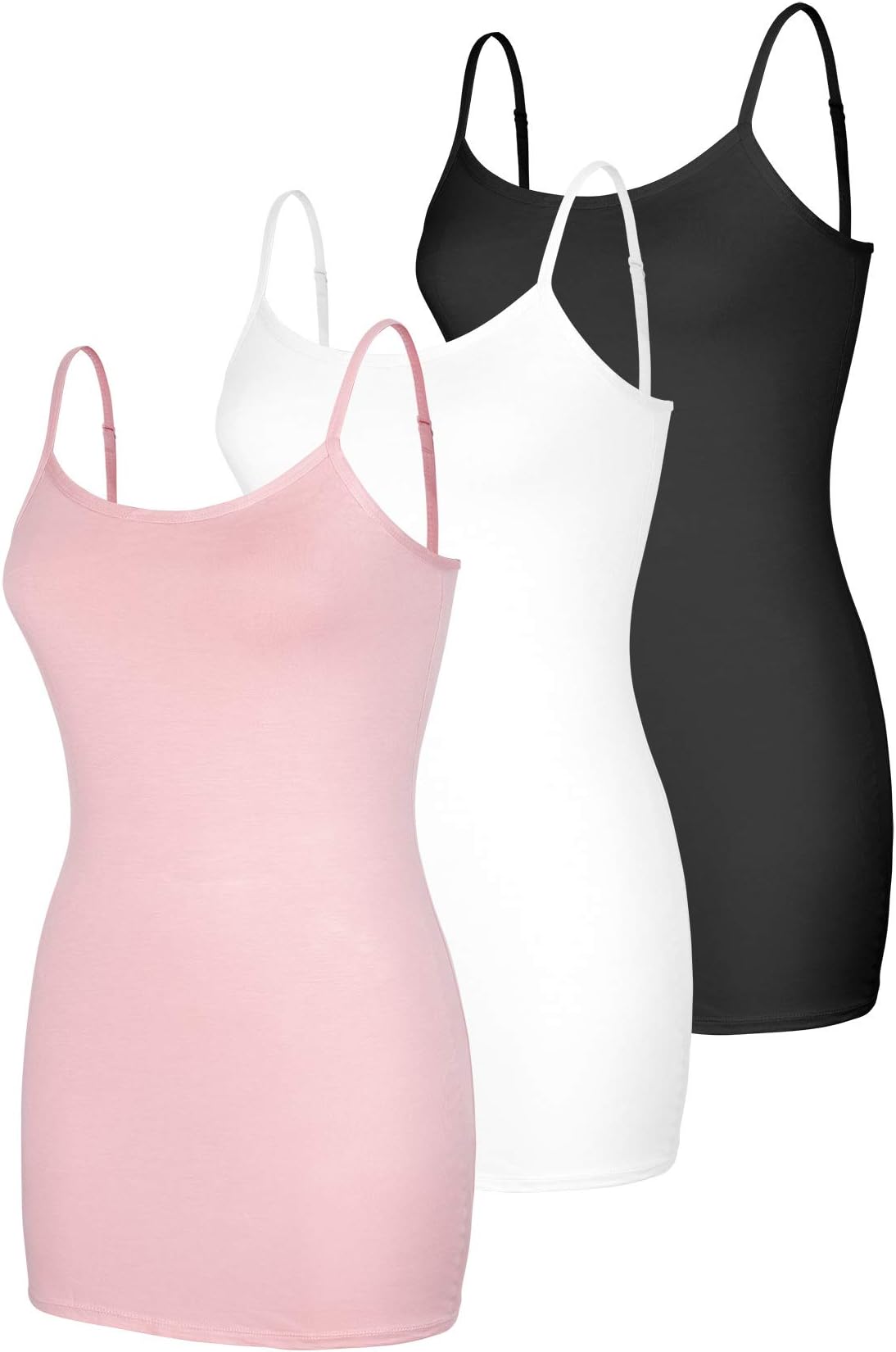 Women's Spaghetti Adjustable Strap Long Vest Top Cotton Knit Basic Camisole Casual Tank Top Stretch for Ladies 3PACKS