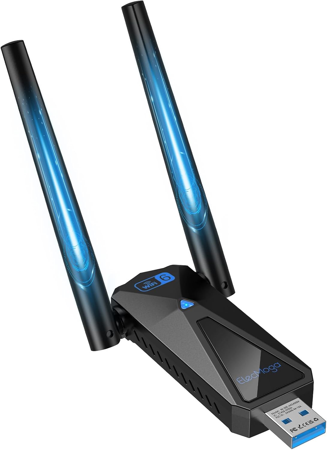 ElecMoga 5400Mbps WiFi 6 USB Adapter showing speed comparison between WiFi 6 and WiFi 5