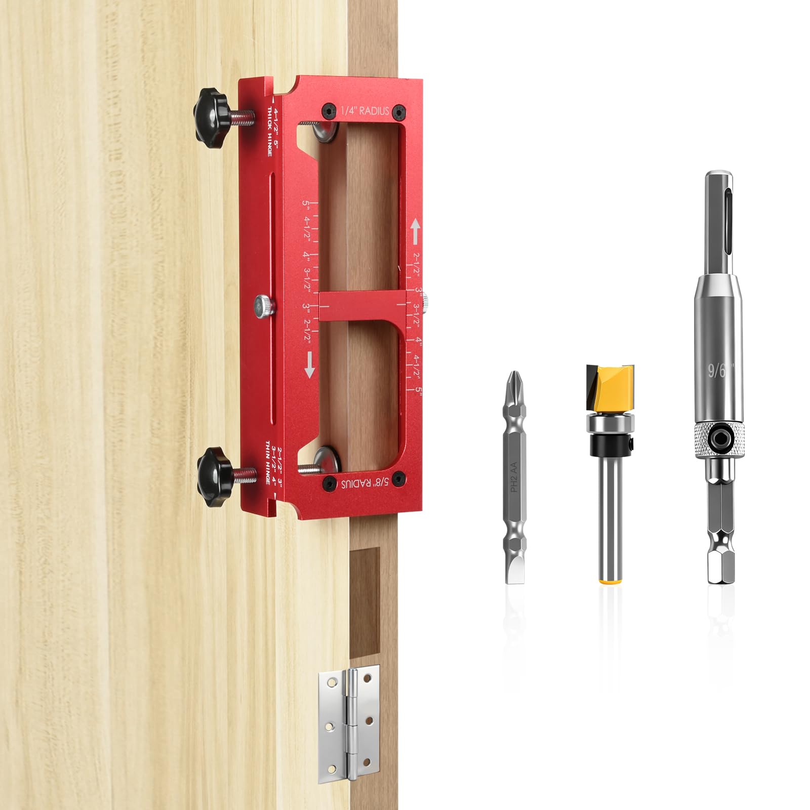 Idong Door Hinge Jig for Router, Adjustable Door Hinge Mortiser jig, Aluminum Alloy Woodworking Hole Opener Slotting Locator for Door & Cabinet, Hinge Installation Tool Fits 2.5" to 5" Length