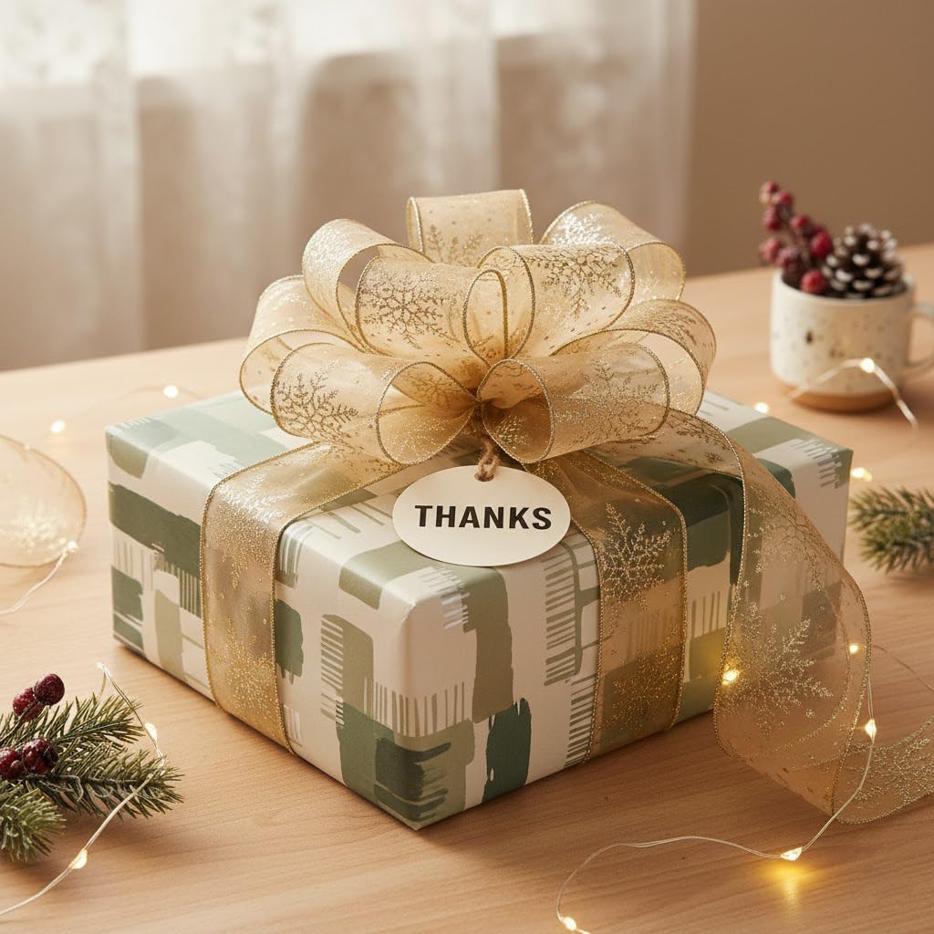 Organza mit Champagner-Gold-Glitzer-Schneeflocken, Drahtband, 6,3 cm x 45,7 m, für Weihnachtsdekoration, Geschenkverpackung, Schleifenherstellung, Kranz, DIY Handwerk