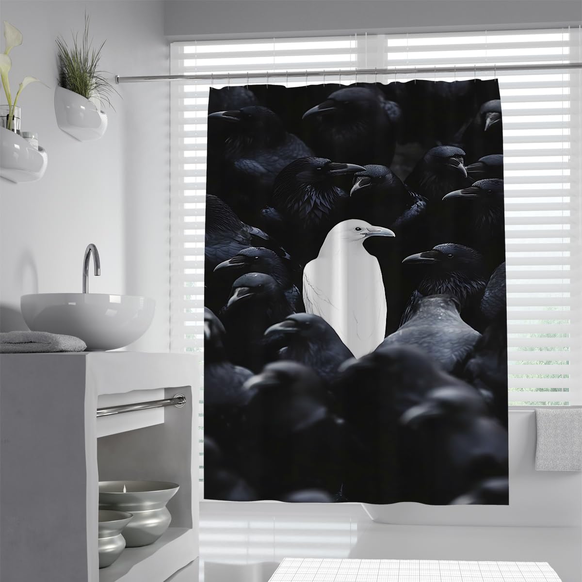 UERWOWELL Mysterious Dark Fantasy Shower Curtain White Crow in Black Crows Crowd Pattern Bath Curtains Gothic Bathroom Decoration Waterproof Washable W150xL200 cm