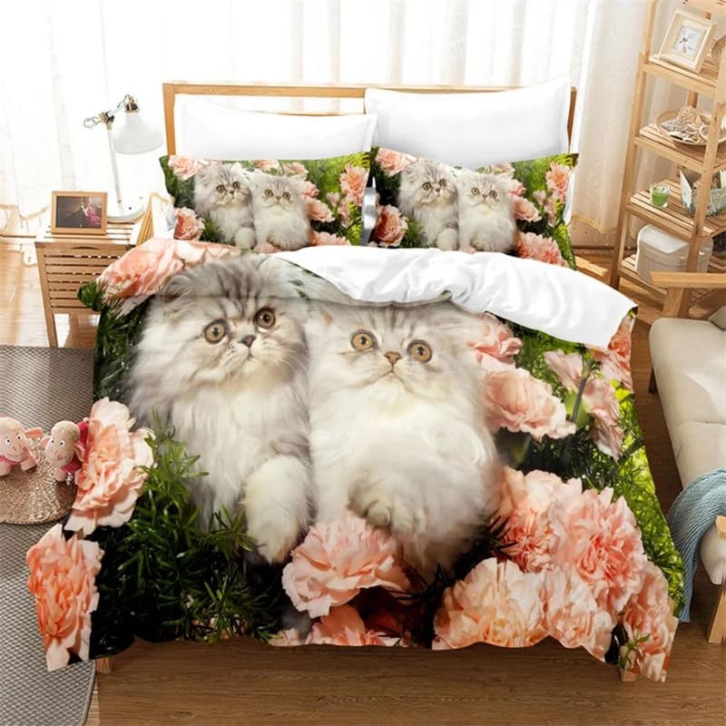 Cadeau personnalisé enfant : housse de couette 90x190 et taie fleurs chats mignons