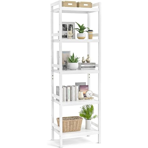 Homykic Bamboo Bookshelf, 5-Tier Narrow 55.9” Adjustable Book Shelf Bookcase Bathroom Shelves Freestanding Storage Stand for Living Room, Bedroom, Kitchen, Rust Resistance, Easy Assembly, White