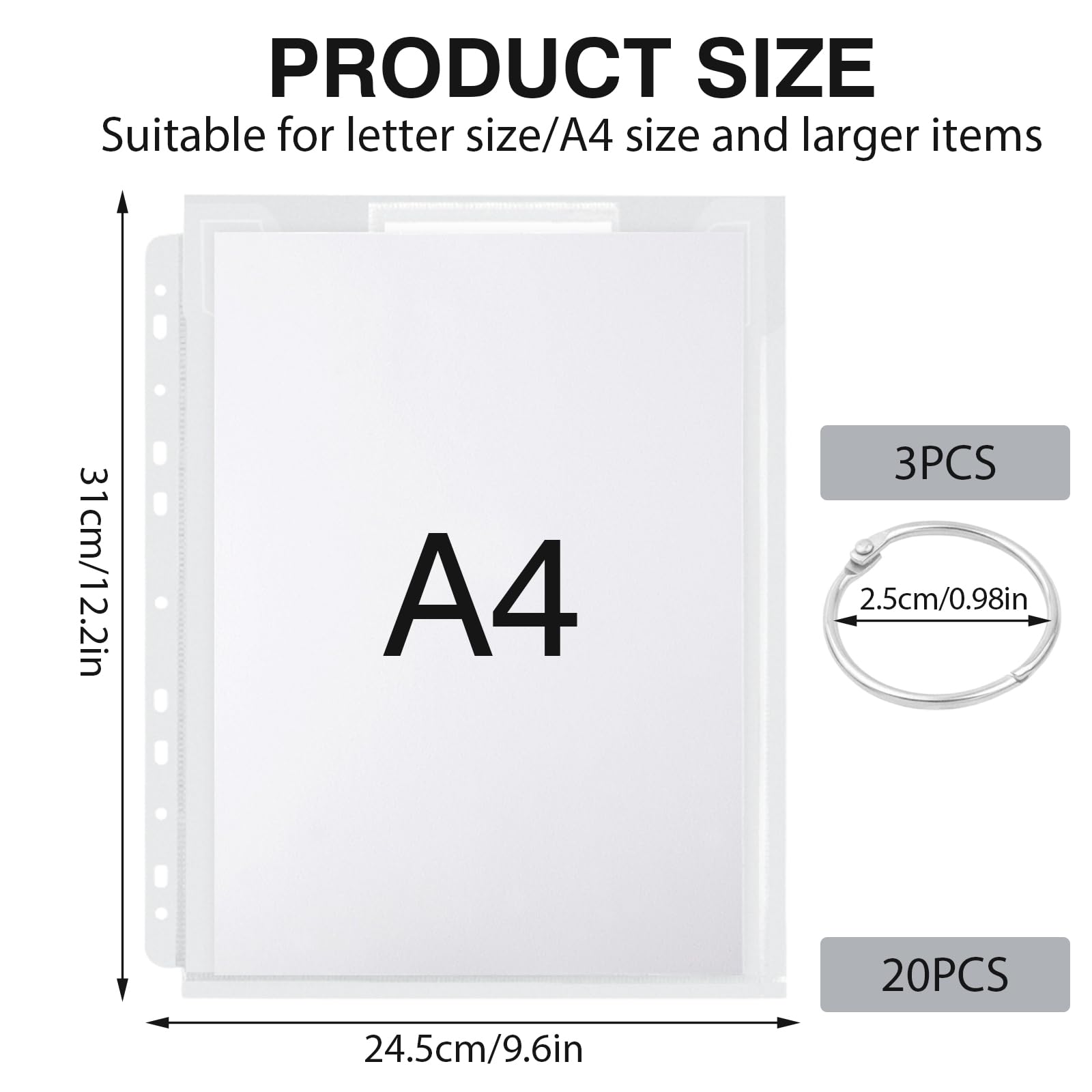 VEGCOO 20 Pack A4 Plastic Wallets, Punched Clear Document Pockets, a4 Vertical Plastic Folders with 11 Hole Ring Binder 3 Pcs Binders for Office,School,Travel - Image 2