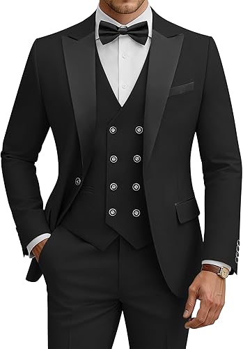 WULFUL Men's 3 Piece Suits Slim Fit Tuxedo Suit Set Double Breasted Suit Jacket Vest Pants Set for Wedding Prom Black