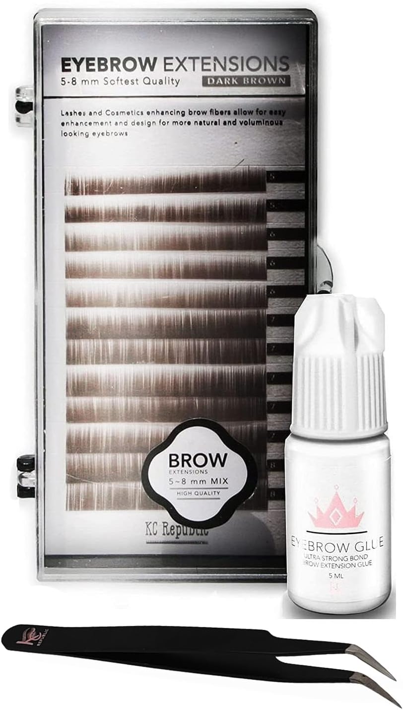 Eyebrow Extensions with Eyebrow Extension Glue Clear with Mink Eyebrows In Dark Brown | Comes on Mixed Length Trays 5-8 mm mix by KC Republic