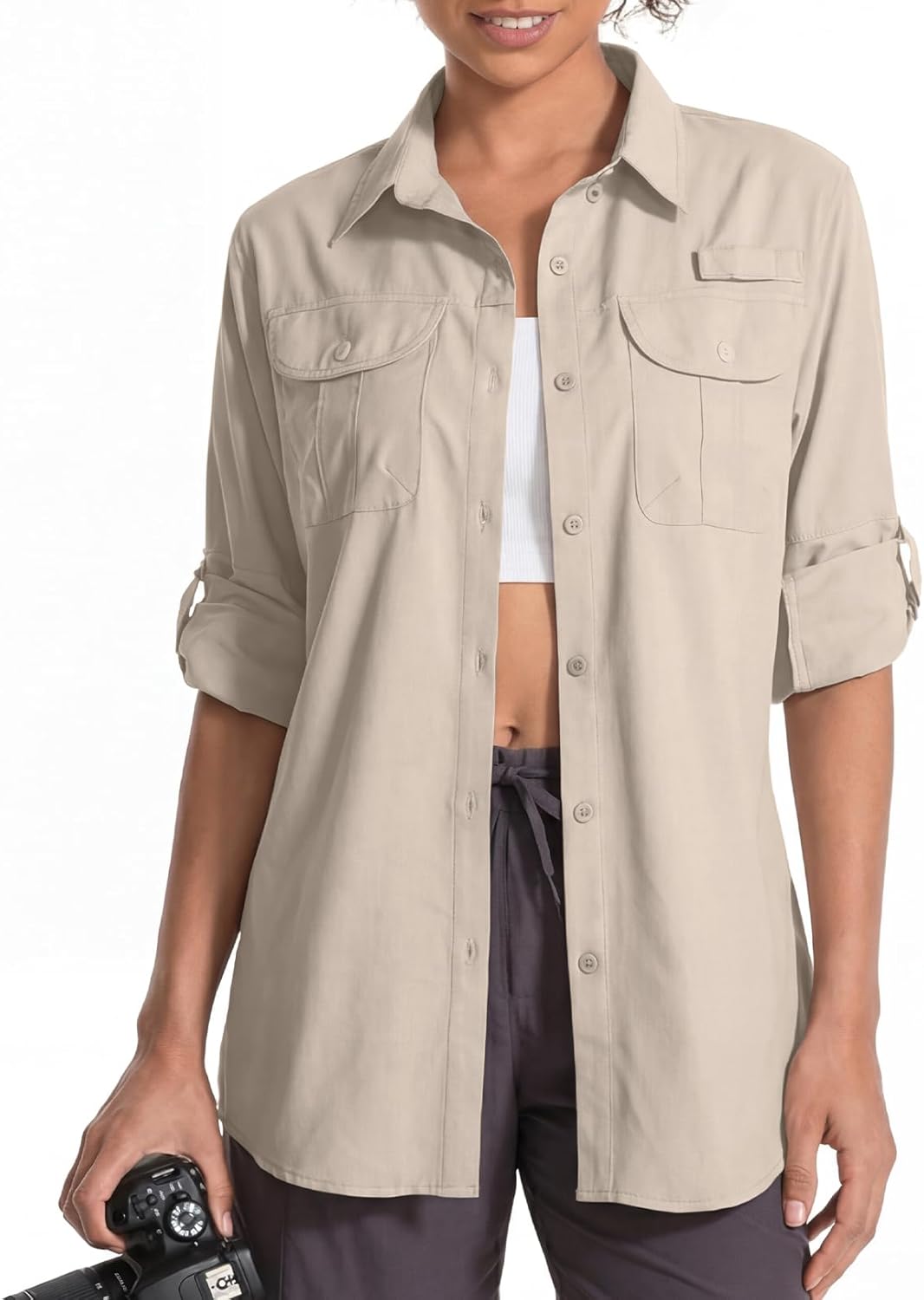 Womens UPF 50 Long Sleeve Sun Shirt Safari Hiking Fishing Quick DIY UV Protection Button Up Travel Shirt for Gardening